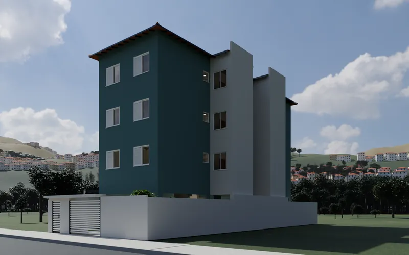 Fachada do Residencial Alpi em verde, com telhado de telha colonial e esquadrias brancas